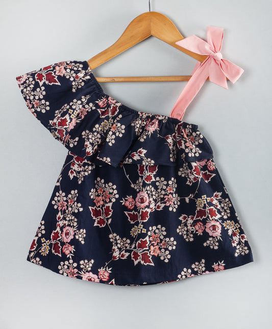 FLOWER PRINT ONE SHOULDER TOP WITH SOLID TIE UP