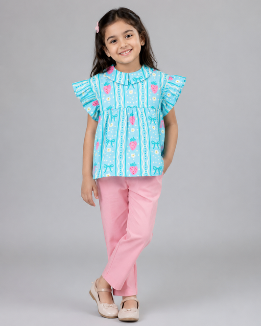 STRAWBERRY PRINT TOP WITH BOW AND STRIPE PRINT