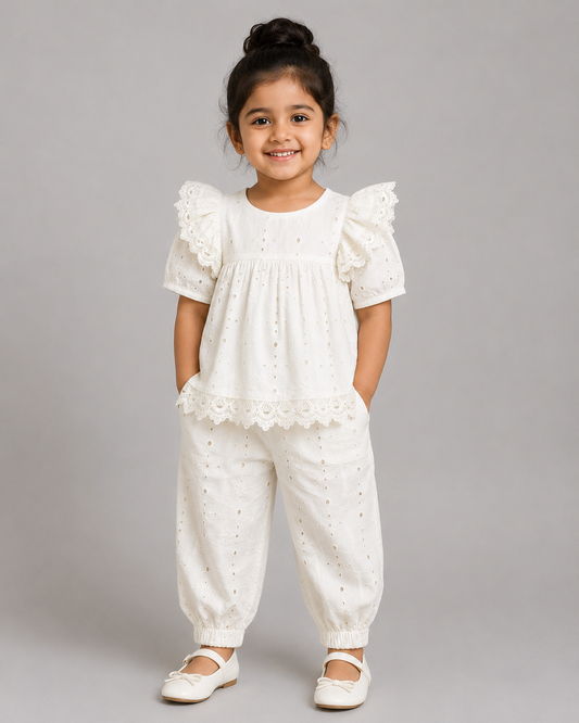 WHITE SCHIFFLI CO-ORD SET
