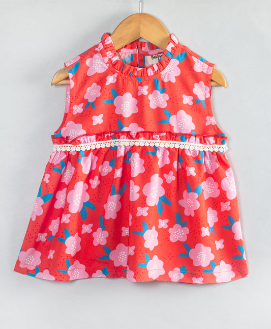 RED FLOWER PRINT TOP WITH LACE AT WAIST SEAM