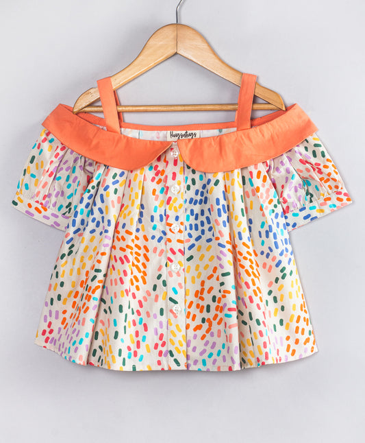CONFETTI PRINT COLD SHOULDER TOP