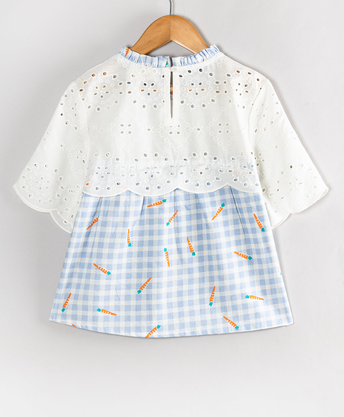 BLUE CHECK TOP WITH SCHIFLI OVERLAY YOKE AND SLEEVES