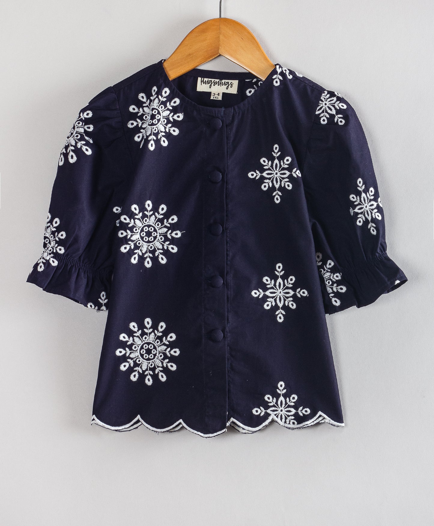 NAVY SCHIFFLI TOP WITH SELF BUTTONS