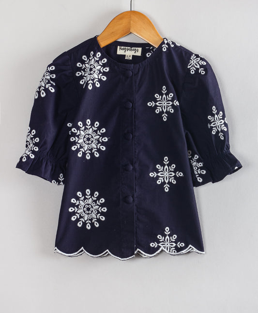 NAVY SCHIFFLI TOP WITH SELF BUTTONS