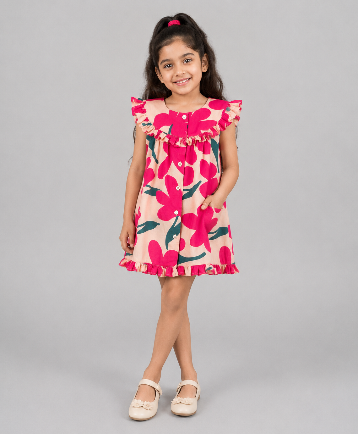 FUSCHIA PINBK BIG FLOWER PRINT DRESS