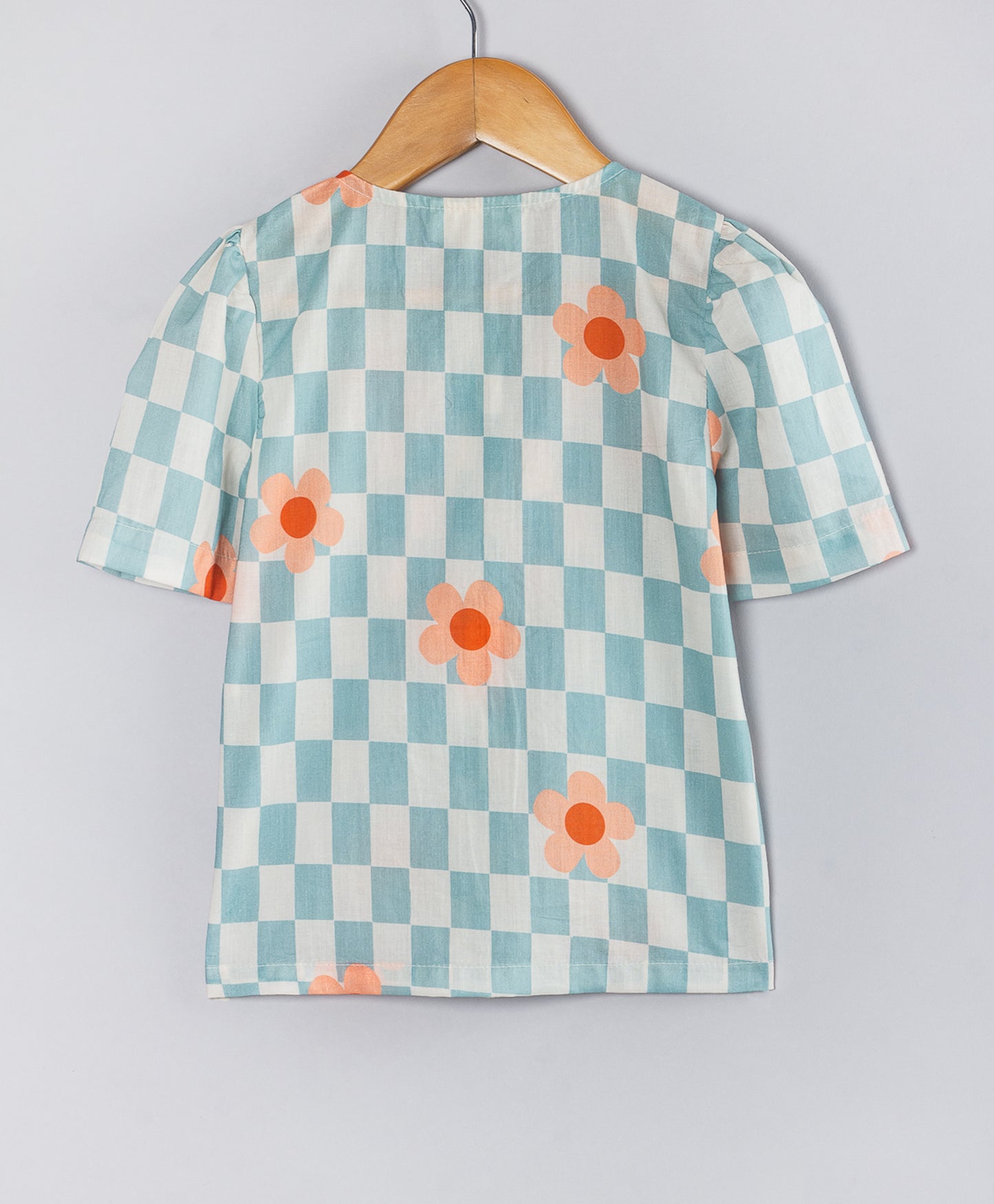 Checked & Floral Printed Bow Applique Detailed Shirt Style Top - Blue