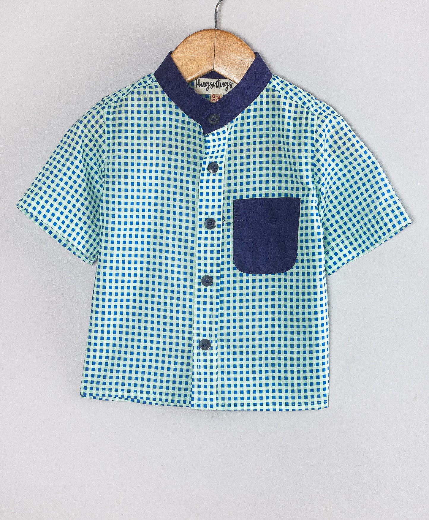 BLUE GHINGHAM CHECK PRINT WITH SOLID NAVY POCKET