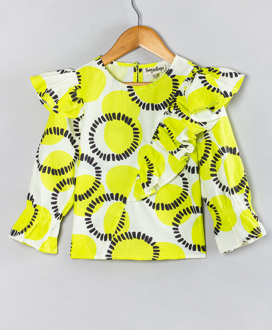 CIRCLE PRINT TOP WITH FRILL ACROSS FRONT