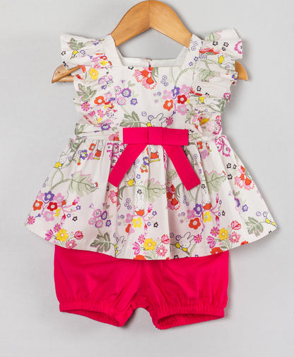 PINK AND YELLOW FLOWER PRINT INFANT SHORTS SET