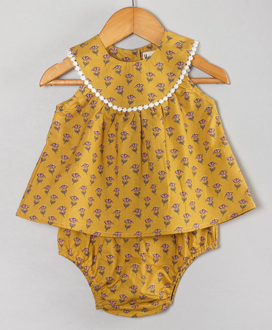 MUSTARD ALL OVER MOTIF PRINT TOP SET WITH BLOOMERS