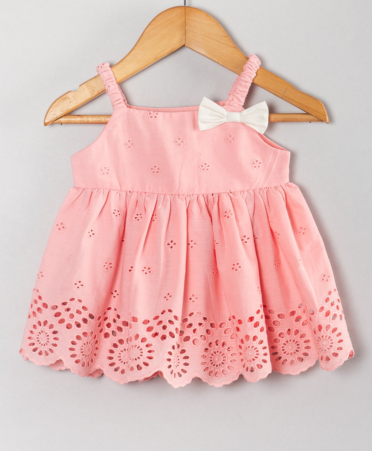 PEACH STRAPPY INFANT TOP WITH EYELET EMBROIDERY AND WHITE BLOOMERS