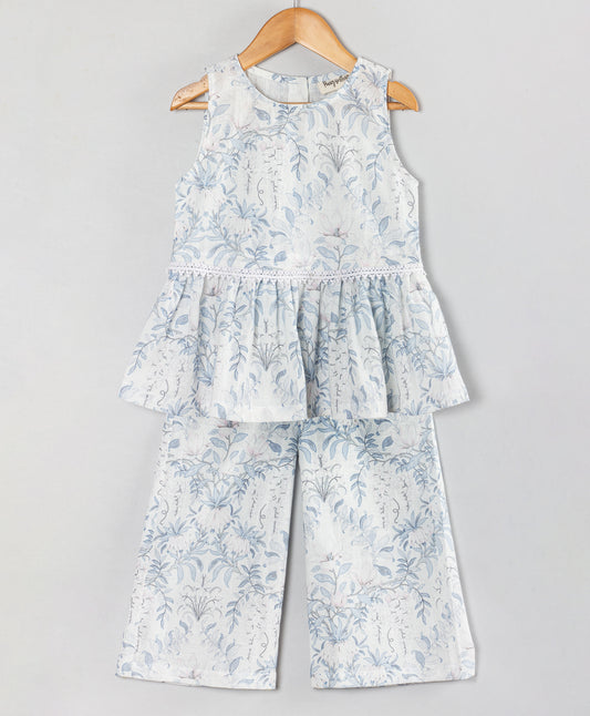 PASTEL LEAF PRINT COORD SET WITH LACE AT WAIST SEAM