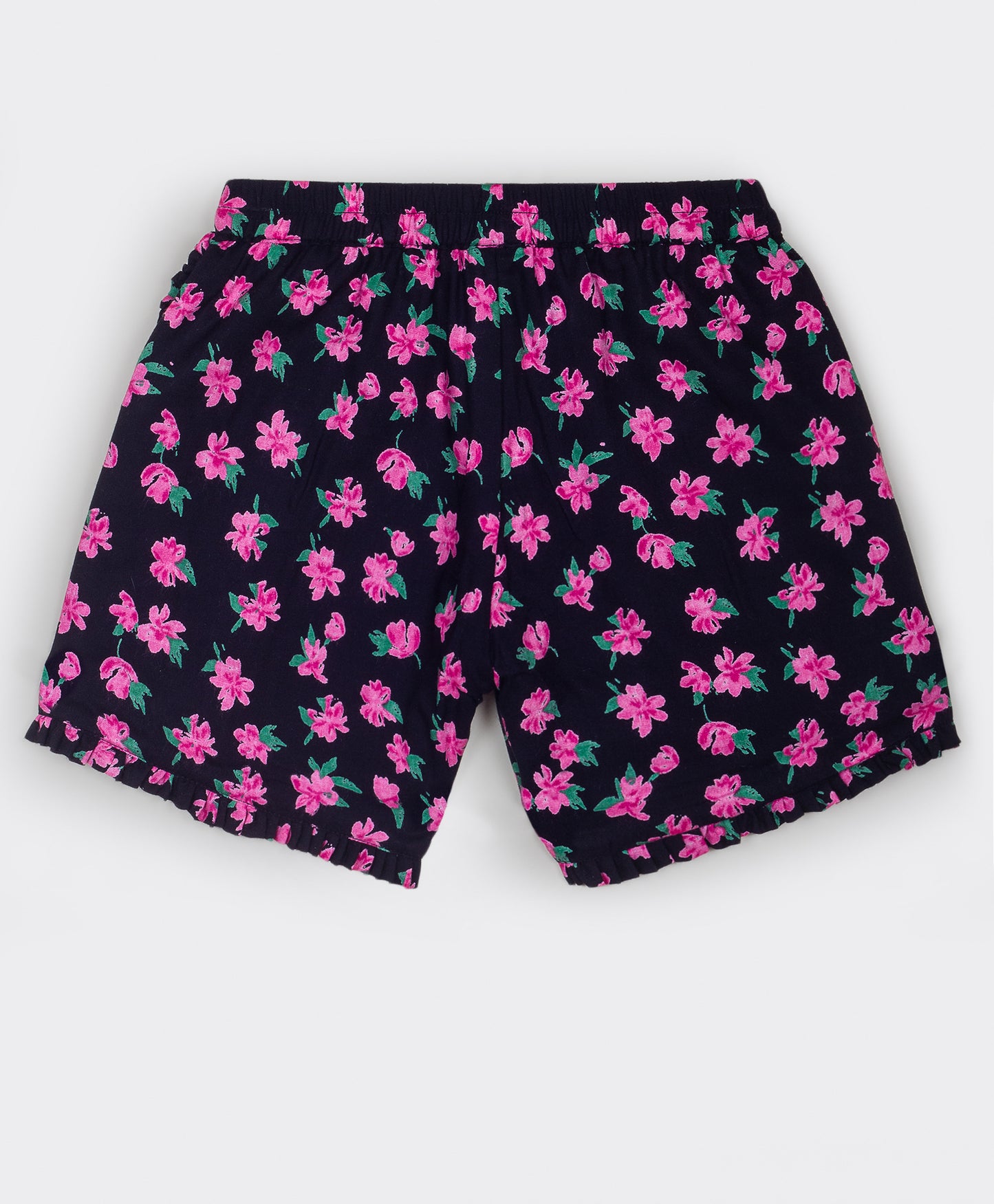 Black shorts with pink flower print all over