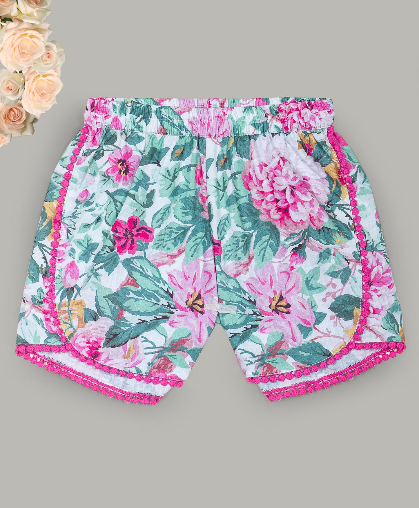 Floral Print Shorts with contrast lace along all seams