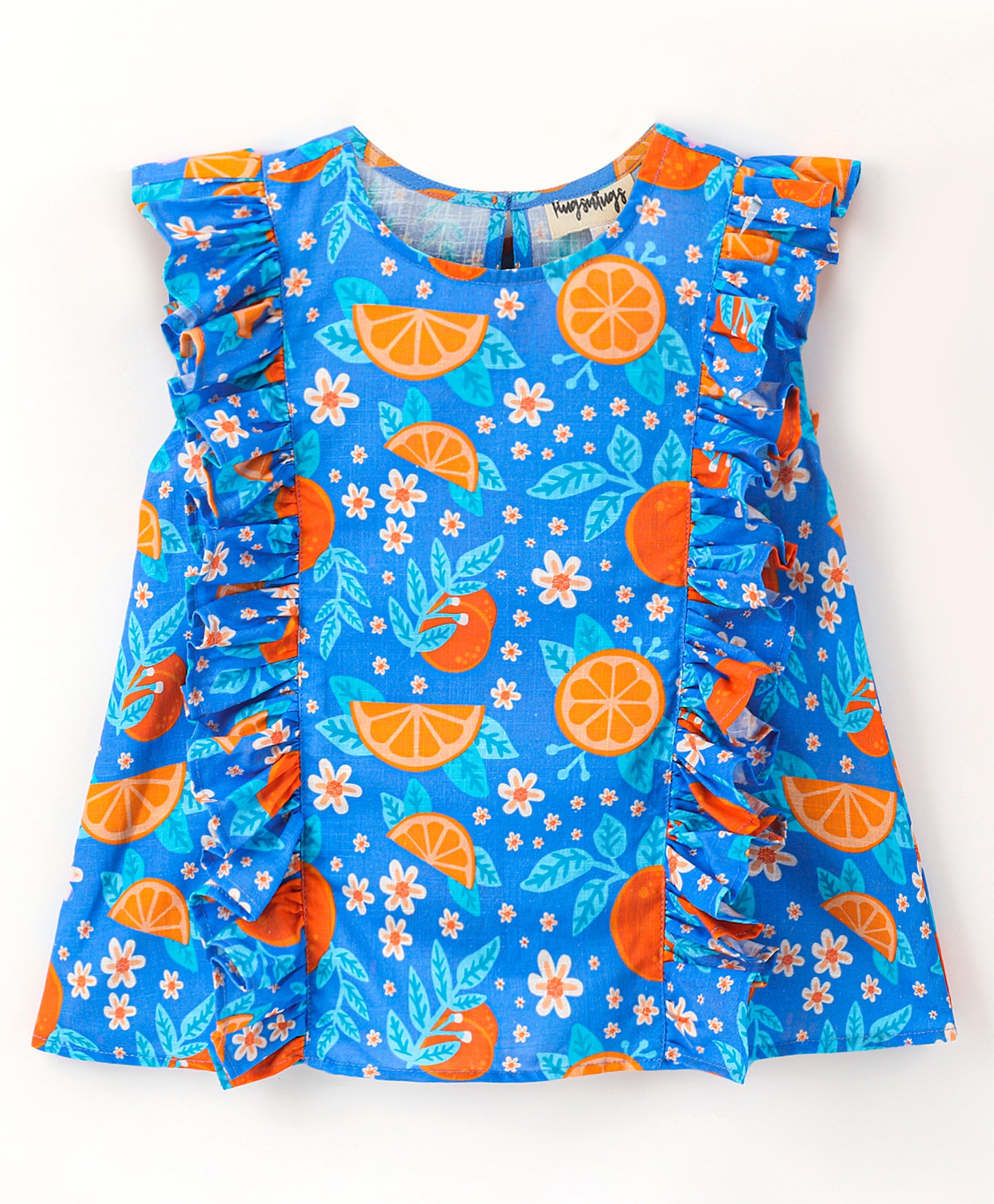Blue fruit print top with frills along front side