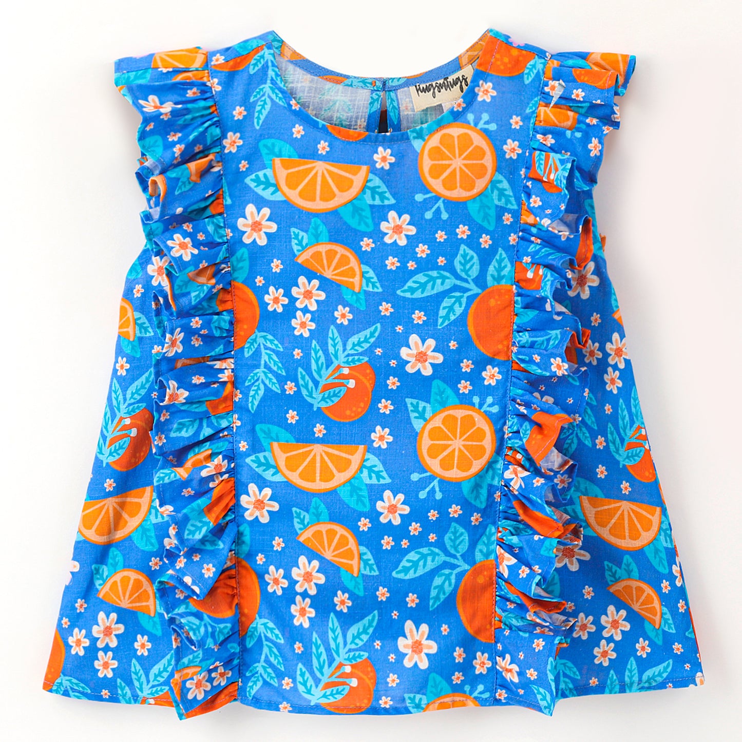 Blue fruit print top with frills along front side