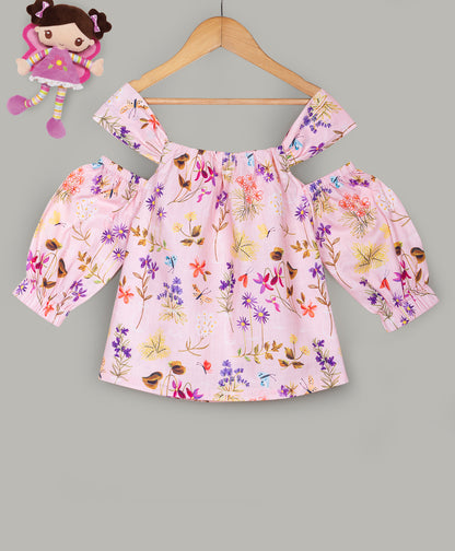 Pink all over floral print cold shoulder top with balloon sleeves