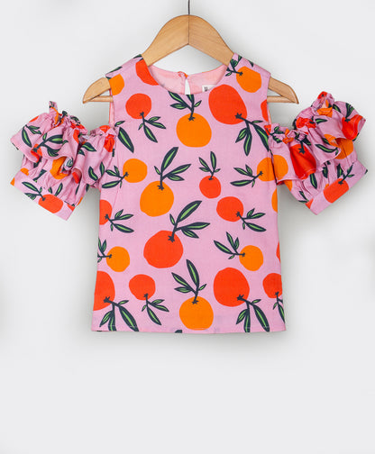 Oranges print cold shoulder top with frills at sleeves