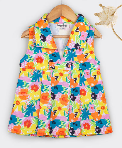 Multi colour floral print top with tab at empire seam