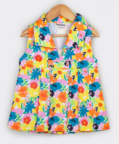 Multi colour floral print top with tab at empire seam