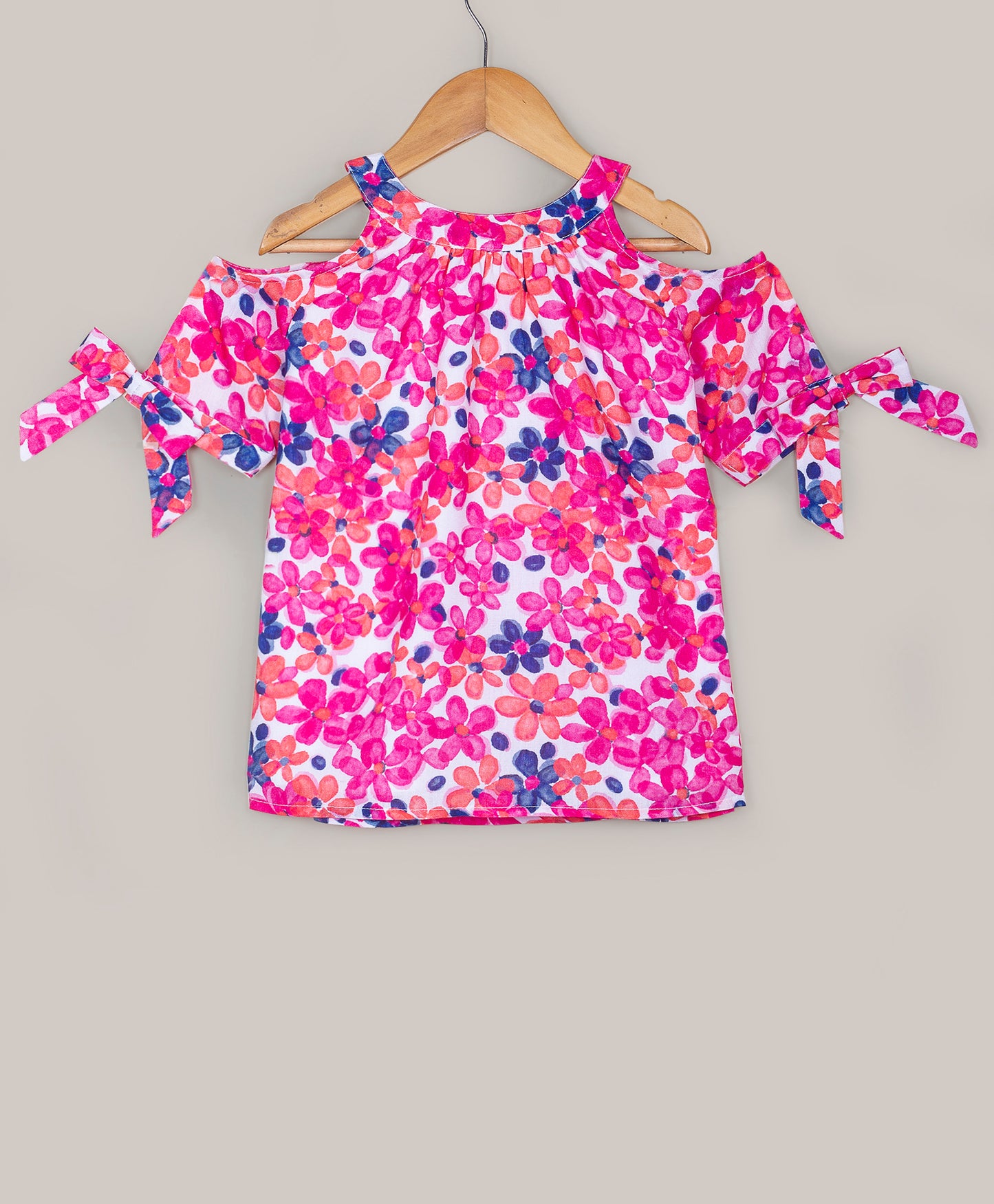Pink and Blue floral print cold shoulder top