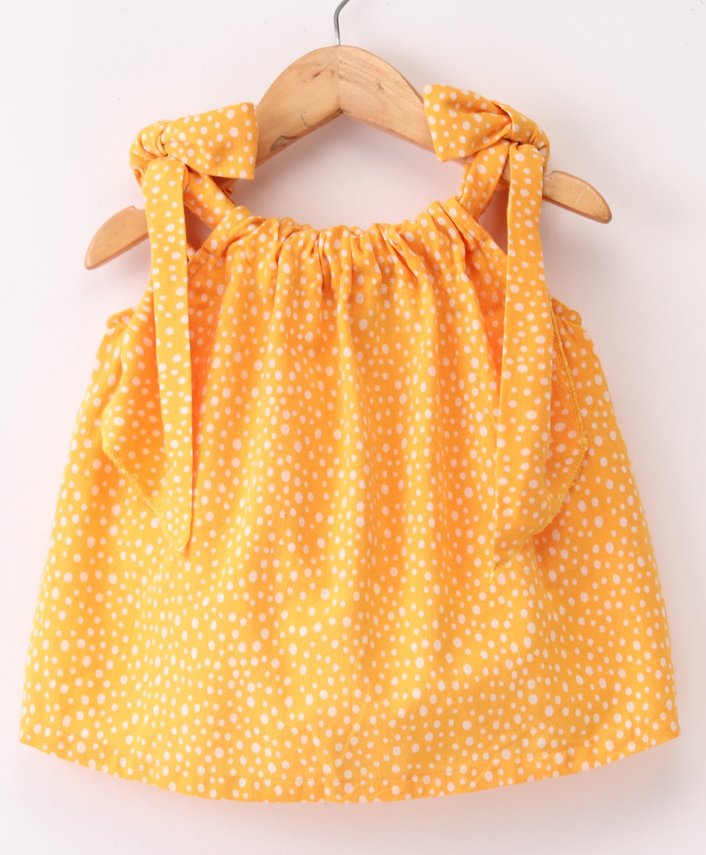 Yellow dot print Gathered Neckline Detailed Shoulder Tie Up Top - Yellow