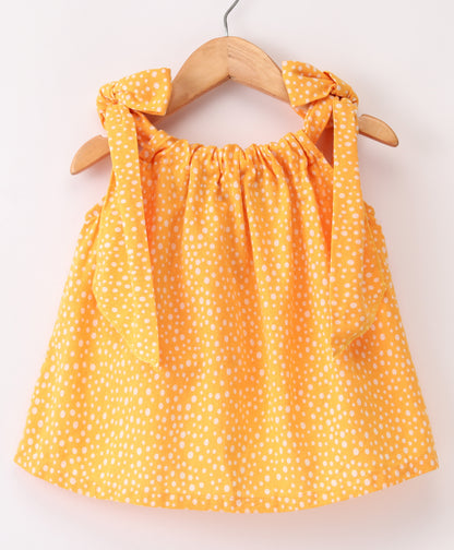 Yellow dot print Gathered Neckline Detailed Shoulder Tie Up Top - Yellow