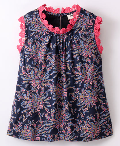 Sleeveless All Over Flower Bush Printed & Lace Embellished Top - Navy Blue