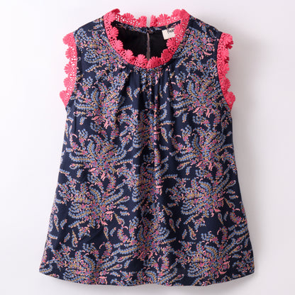 Sleeveless All Over Flower Bush Printed & Lace Embellished Top - Navy Blue