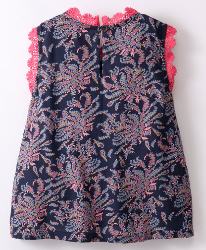 Sleeveless All Over Flower Bush Printed & Lace Embellished Top - Navy Blue