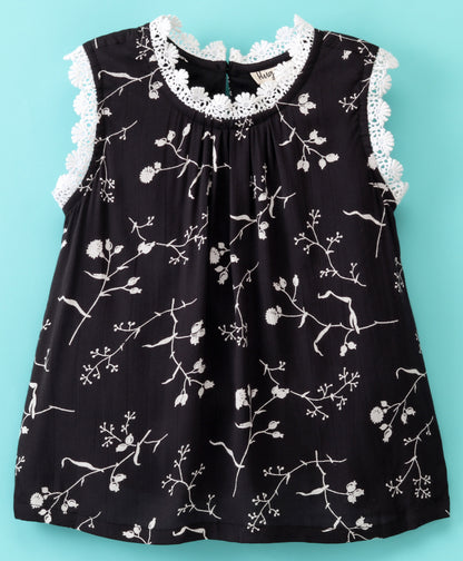 Sleeveless All Over Flower Stem Printed & Lace Embellished Top - Black