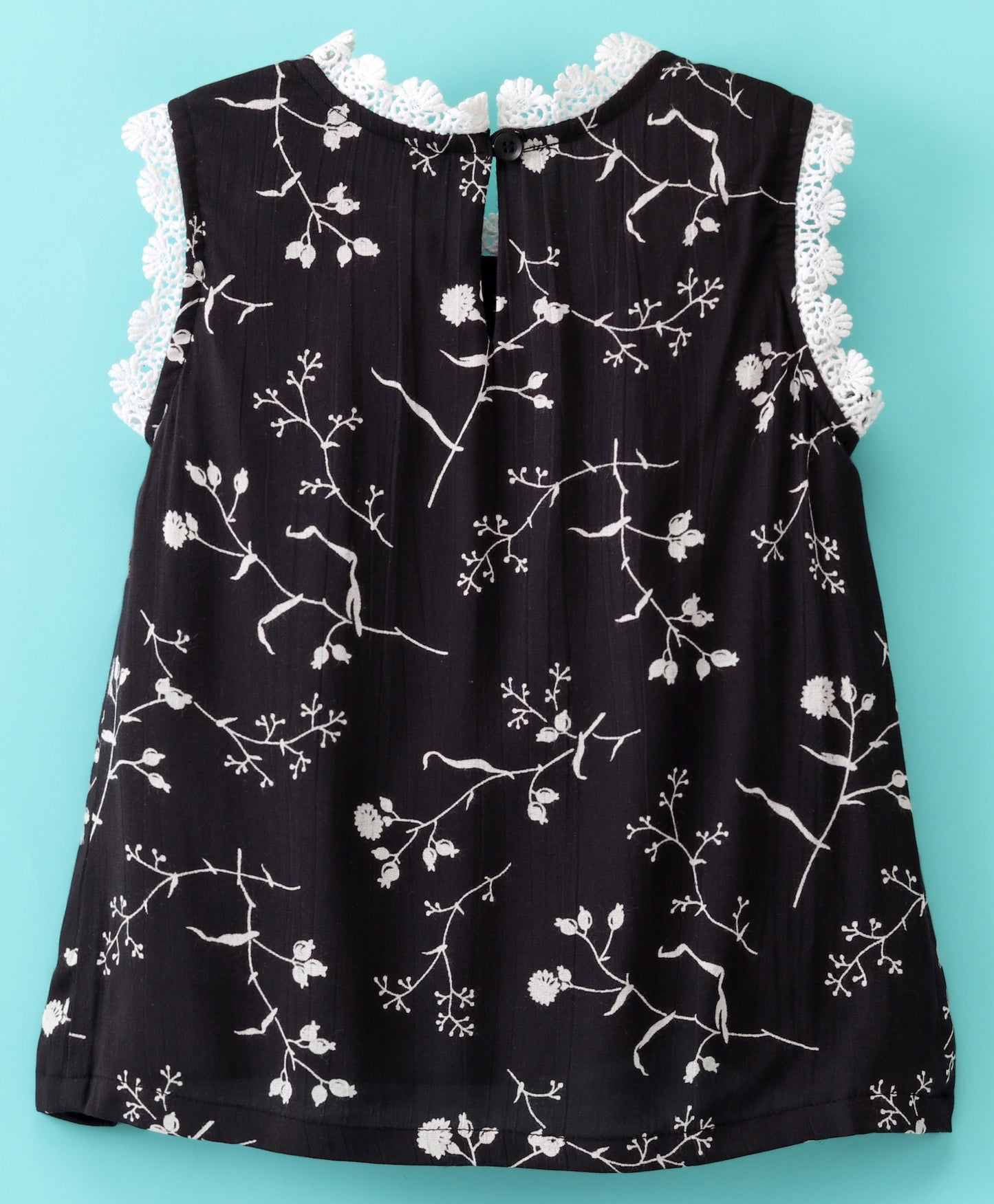 Sleeveless All Over Flower Stem Printed & Lace Embellished Top - Black