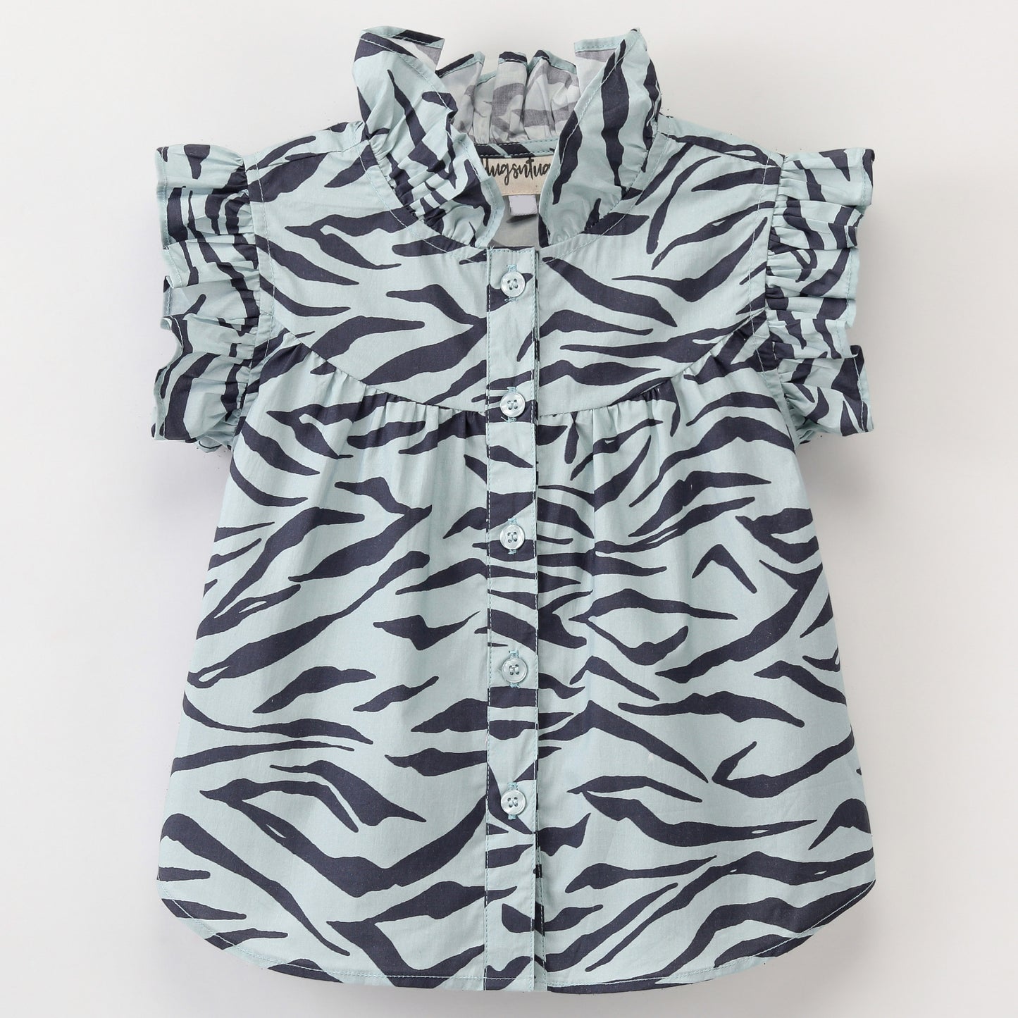 Frill Cap Sleeves Seamless Zebra Printed Button Down Top - Blue