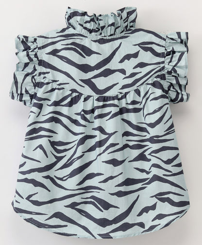 Frill Cap Sleeves Seamless Zebra Printed Button Down Top - Blue