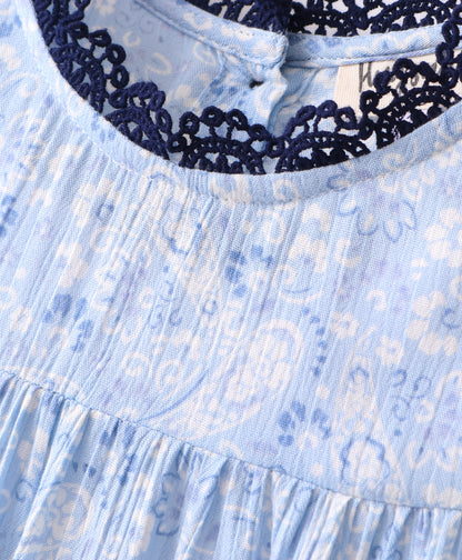Sleeveless All Over Floral Swirl & Paisley Printed & Lace Embellished Top - Blue