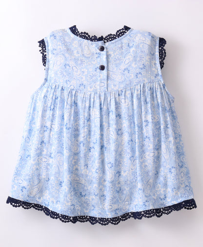 Sleeveless All Over Floral Swirl & Paisley Printed & Lace Embellished Top - Blue