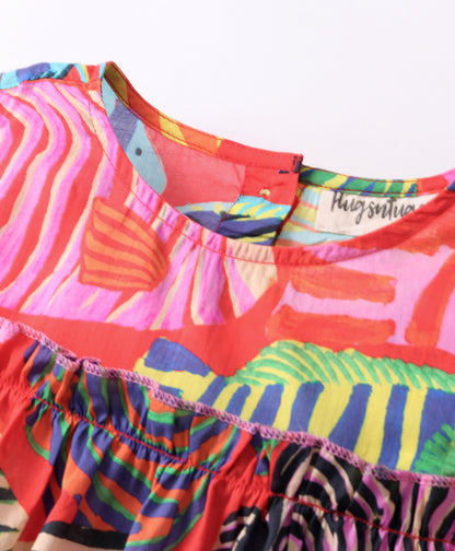 Sea Life Theme Half Sleeves All Over Fish Printed & Ruffle Detailed Cold Shoulder Top - Red