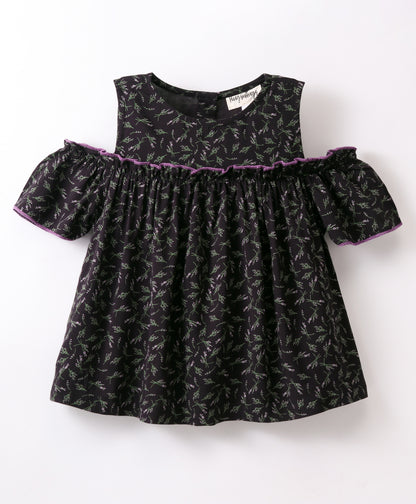 Half Sleeves Seamless Botanical Flowers Printed & Ruffle Detailed Cold Shoulder Top - Dark Grey