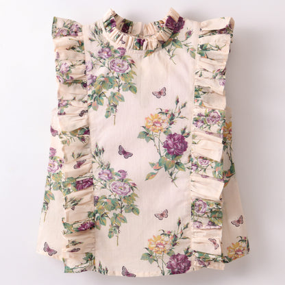 Sleeveless Vintage Wallpaper Style Floral Printed & Frill Detailed Top - Off White