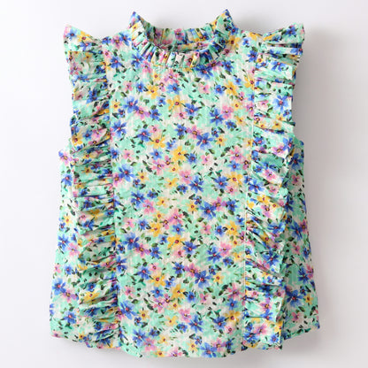 Sleeveless All Over Water Colour Effect Garden Flowers Printed & Frill Detailed Top - Blue & Green