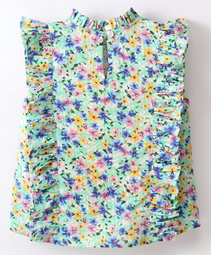 Sleeveless All Over Water Colour Effect Garden Flowers Printed & Frill Detailed Top - Blue & Green