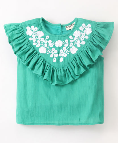 Cap Sleeves Frill Neckline Detailed & Floral Yoke Embroidered Top - Green
