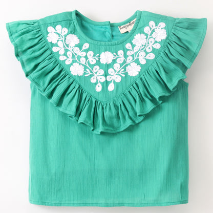Cap Sleeves Frill Neckline Detailed & Floral Yoke Embroidered Top - Green