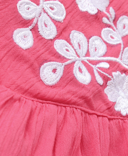 Cap Sleeves Frill Neckline Detailed & Floral Yoke Embroidered Top - Pink