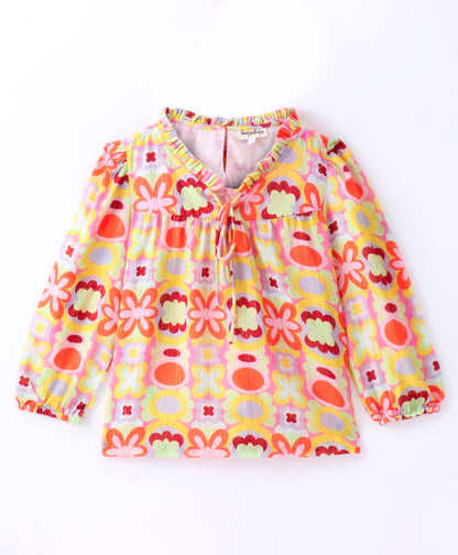 Full Sleeve Seamless Botanical Flowers Printed & Pleats Detailed & Lurex Striped Top - Yellow
