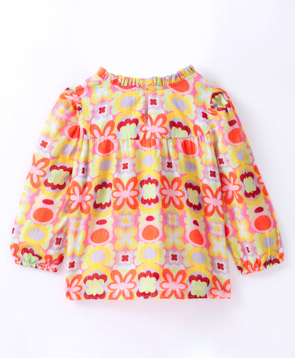 Full Sleeve Seamless Botanical Flowers Printed & Pleats Detailed & Lurex Striped Top - Yellow