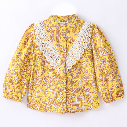 Full Sleeves Seamless Geometric Design Printed & Lace Embellished Button Down Shirt Style Top - Yellow