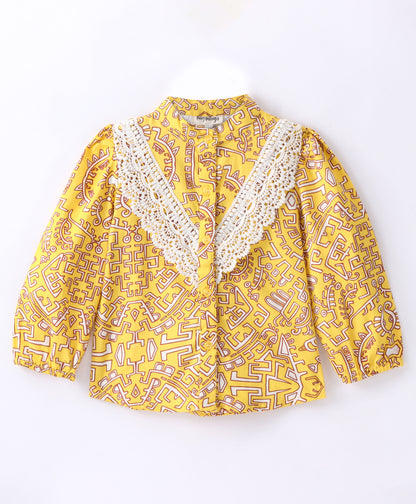 Full Sleeves Seamless Geometric Design Printed & Lace Embellished Button Down Shirt Style Top - Yellow