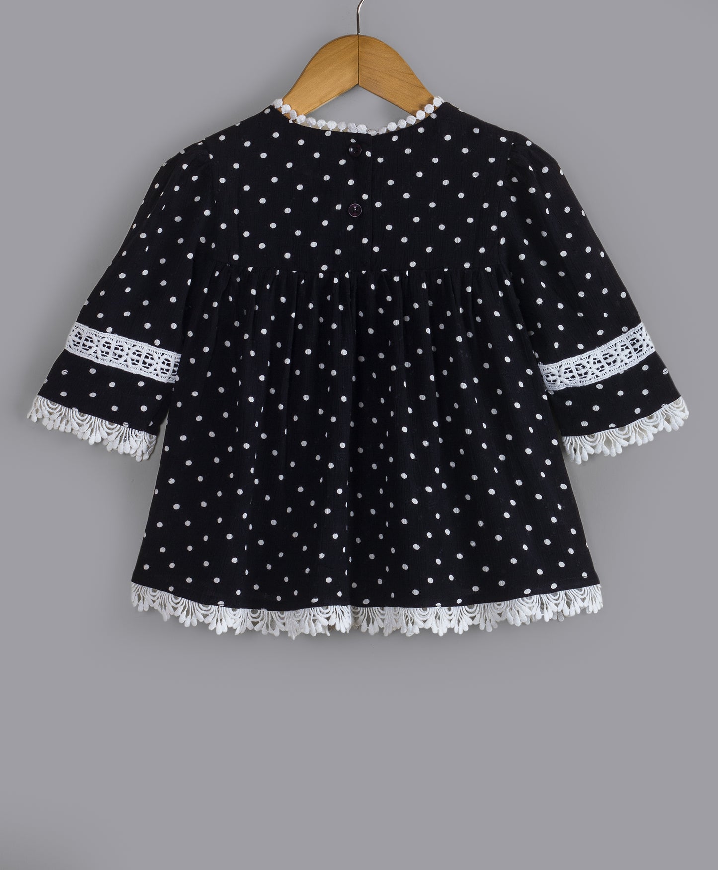 BLACK DOT PRINT TOP WITH CONTRAST LACE