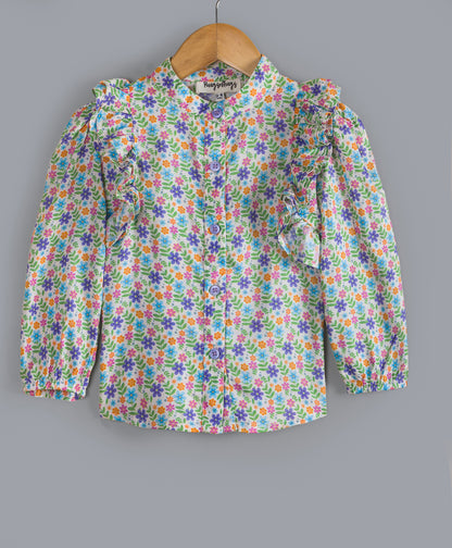 DITSY FLORAL MULTI COLOR PRINT TOP WITH FRILLS ON SHOULDER